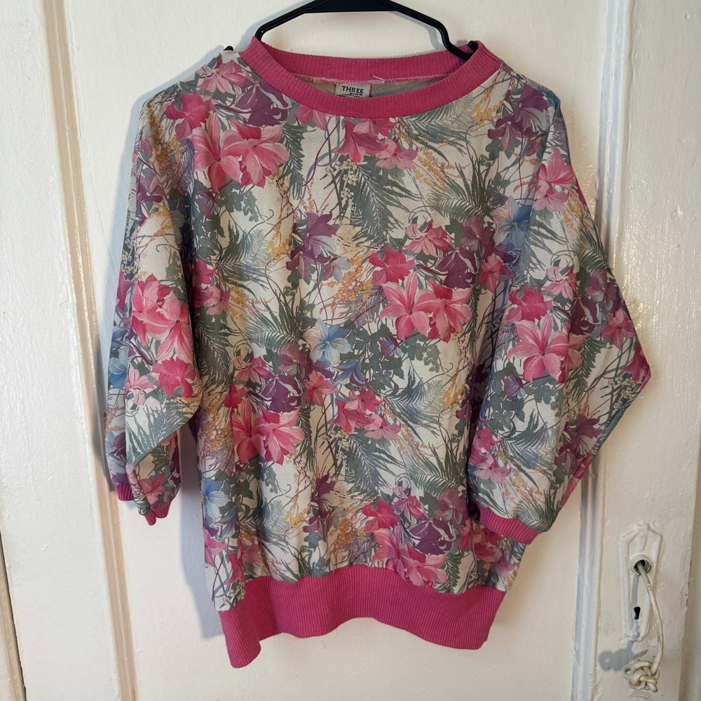 Vtg 80s Cottagecore Floral Sweatshirt Pink Tropical Lily Made in USA sz 42